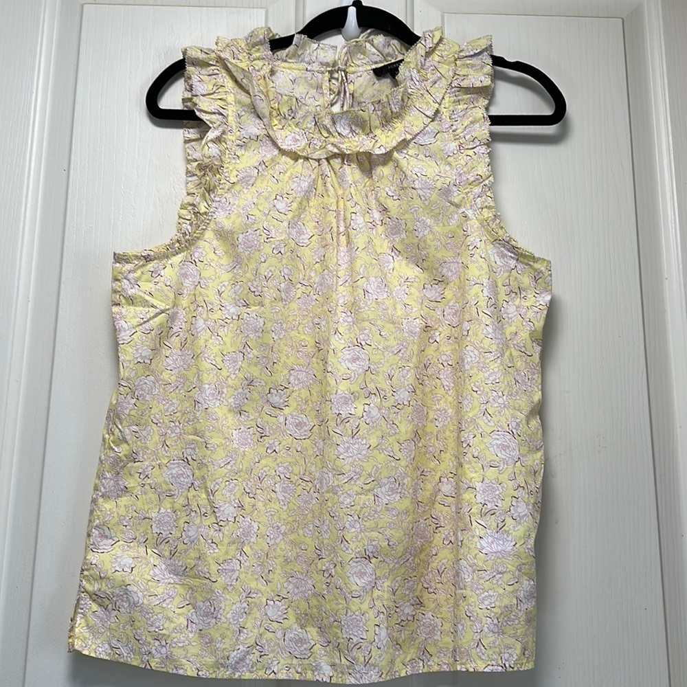 J. Crew Yellow Floral Ruffle Neck Tank Top Size M